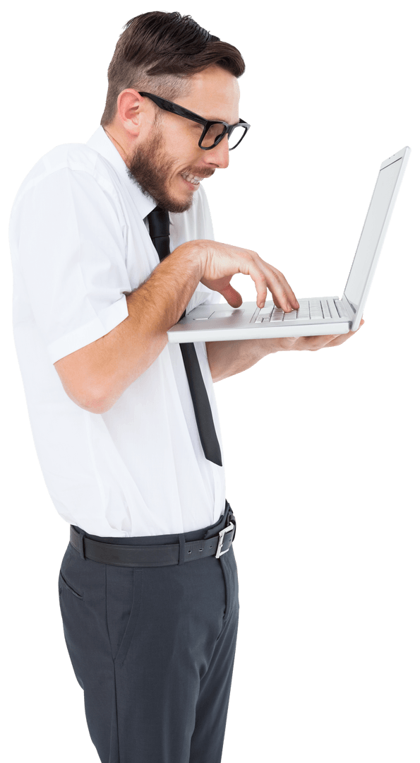 Transparent Geeky Businessman Using Laptop, Showcasing Nerd Stereotype