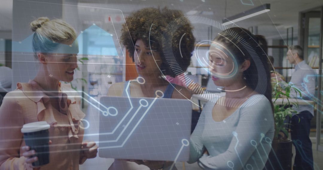 Diverse Women Collaborating in Modern High-Tech Office with Digital Interface