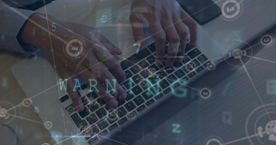 Hands Typing on Laptop with Digital Data and Warning Overlay