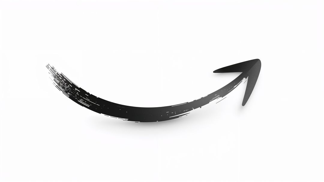 Black brush-stroke curved arrow floating on white background