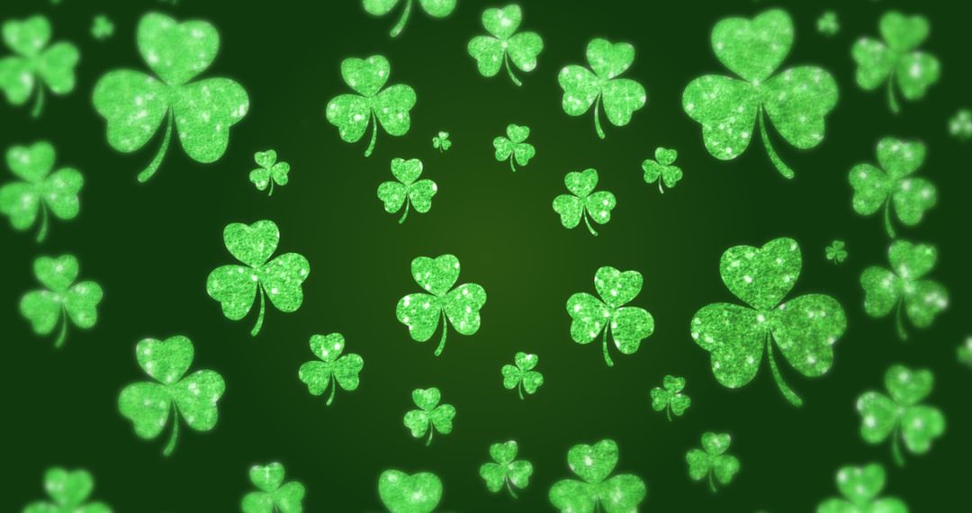 Shimmering Green Shamrocks Falling on Dark Green Background