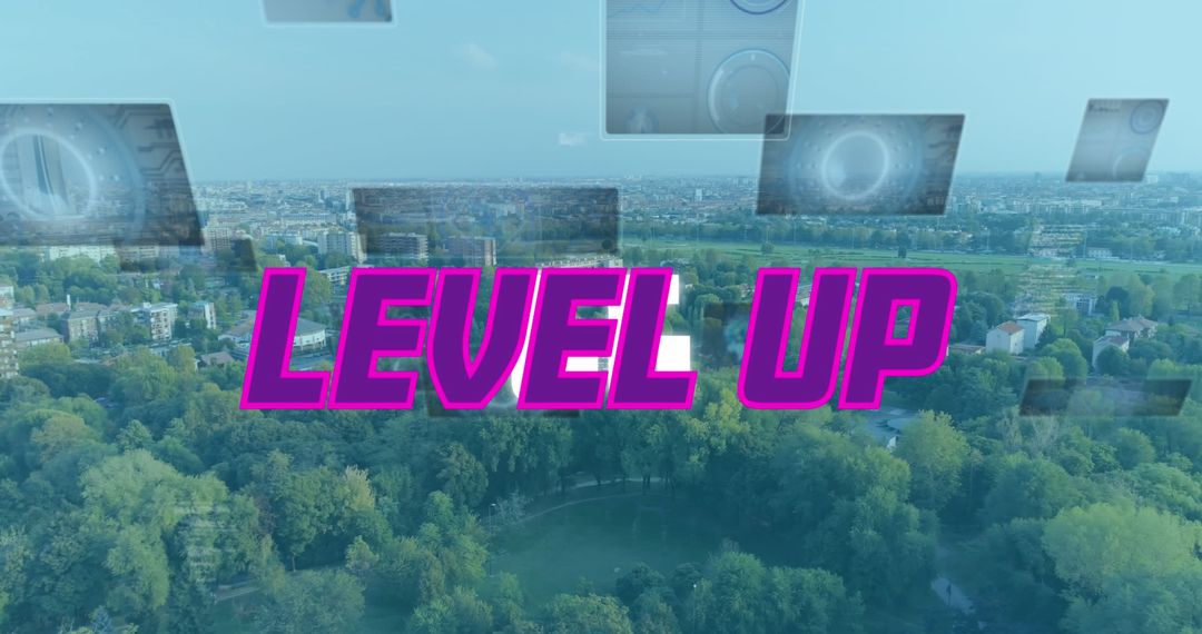 Level Up Concept with Digital Overlay on Cityscape