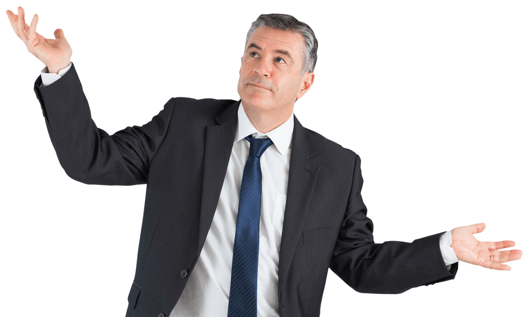 Transparent Mature Businessman with Raised Hands Appearing Curious