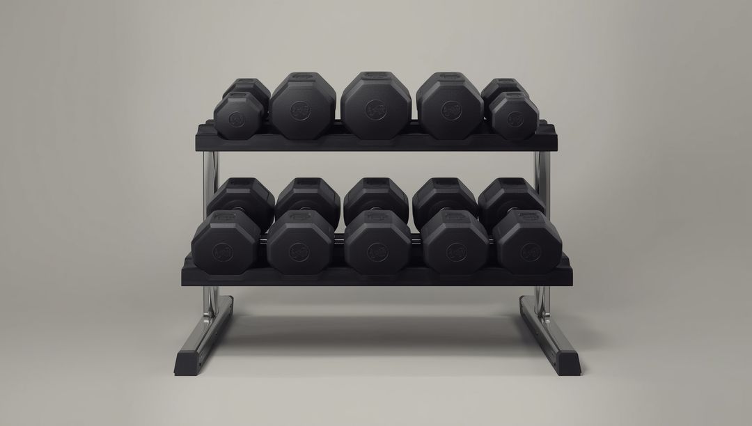 Organized Dumbbell Rack with Hexagonal Weights in Minimalist Gym Setting