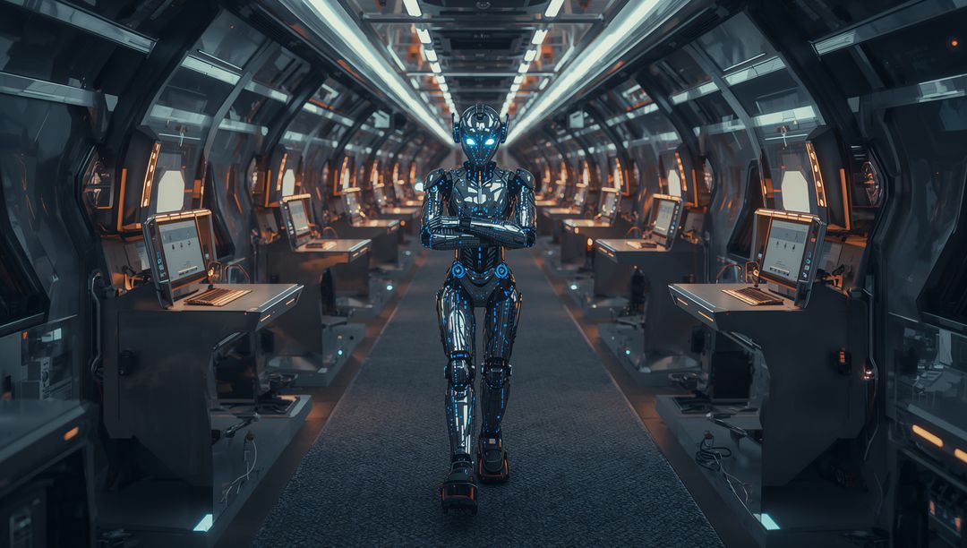 Advanced Humanoid Robot Strolling Through Tech Spacecraft Corridor