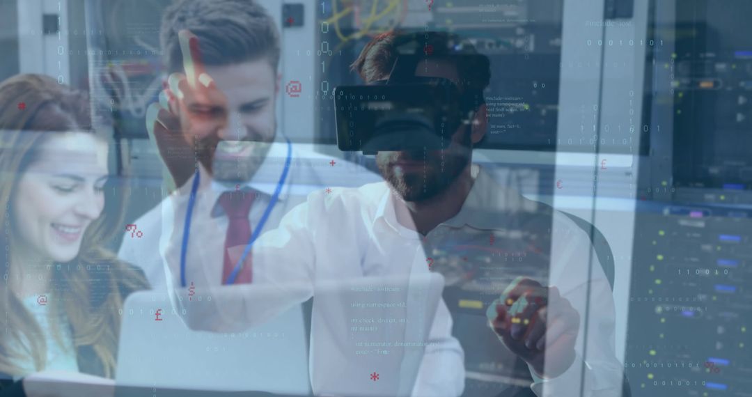 VR Technology Expert Interacting with Holographs in Data Center