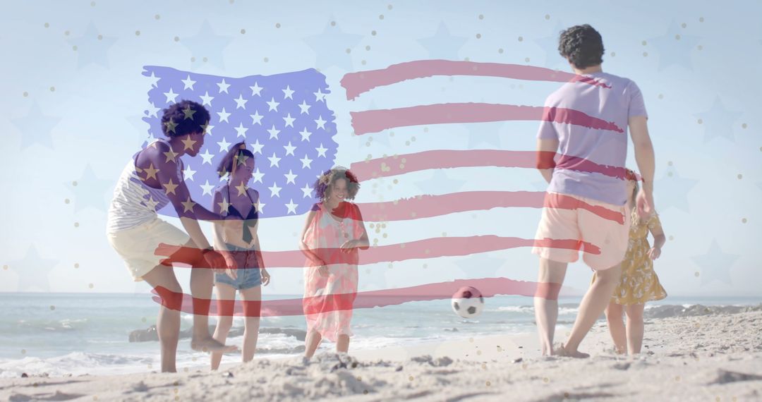 Diverse Friends Enjoying Beach with Symbolic USA Flag Overlay