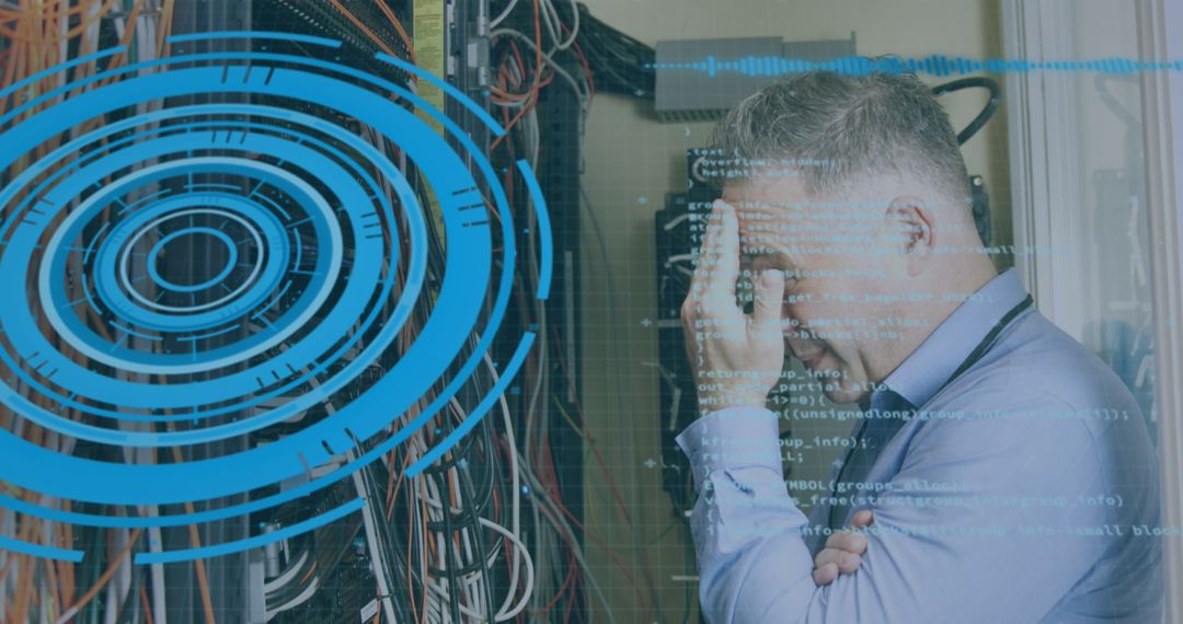 Stressed Technician Navigating Complex Data Center Challenges