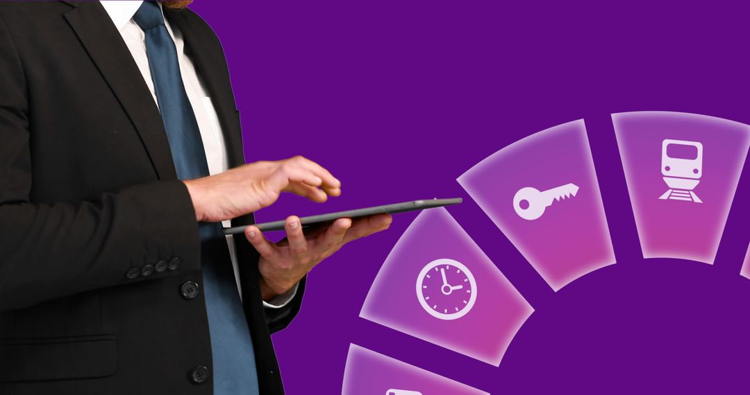 Businessman Using Tablet with Digital Travel Icons Overlay