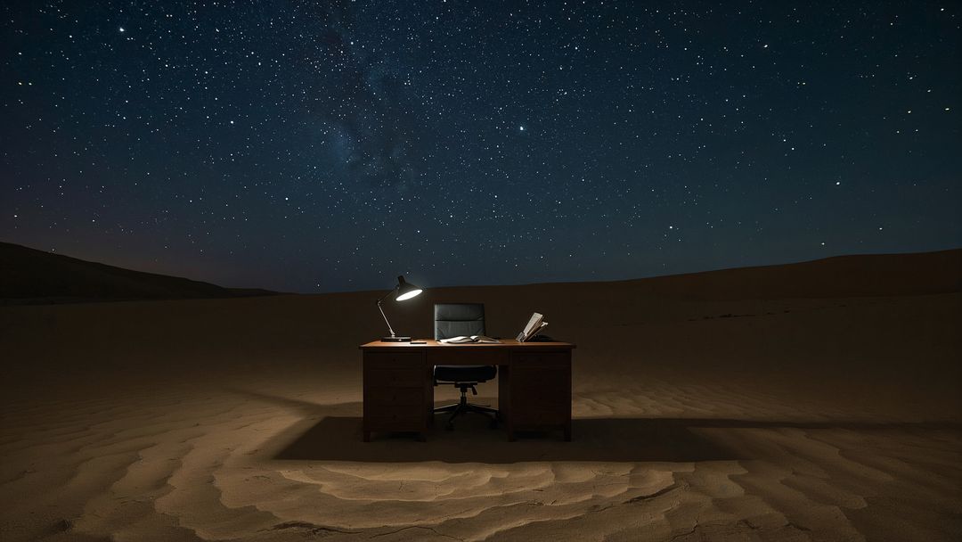 Surreal Office Desk in Desert with Starry Night Sky