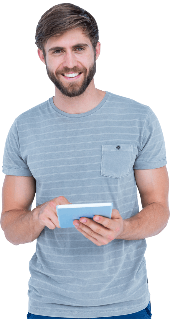 Transparent Happy Young Man Using Digital Tablet