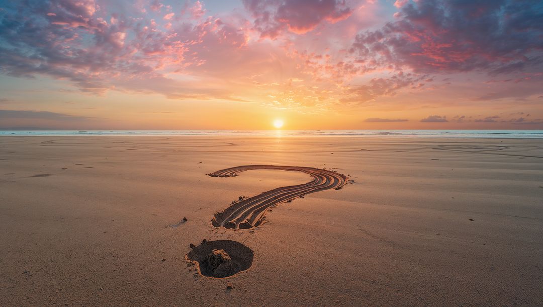 Question Mark Pattern on Beach at Sunrise Reflects Concepts of Mystique and Curiosity