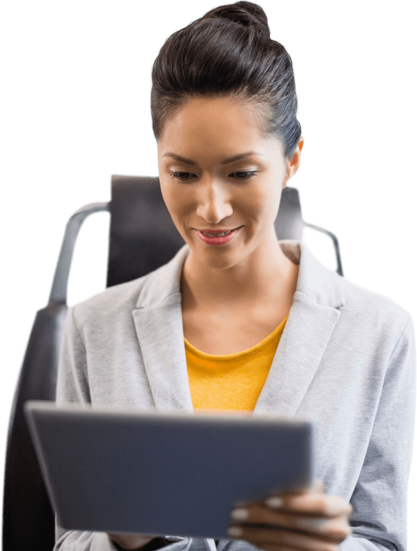 Transparent Woman Using Tablet Technology On Chair