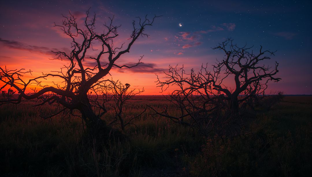Silhouette of Gnarled Trees at Twilight with Crescent Moon