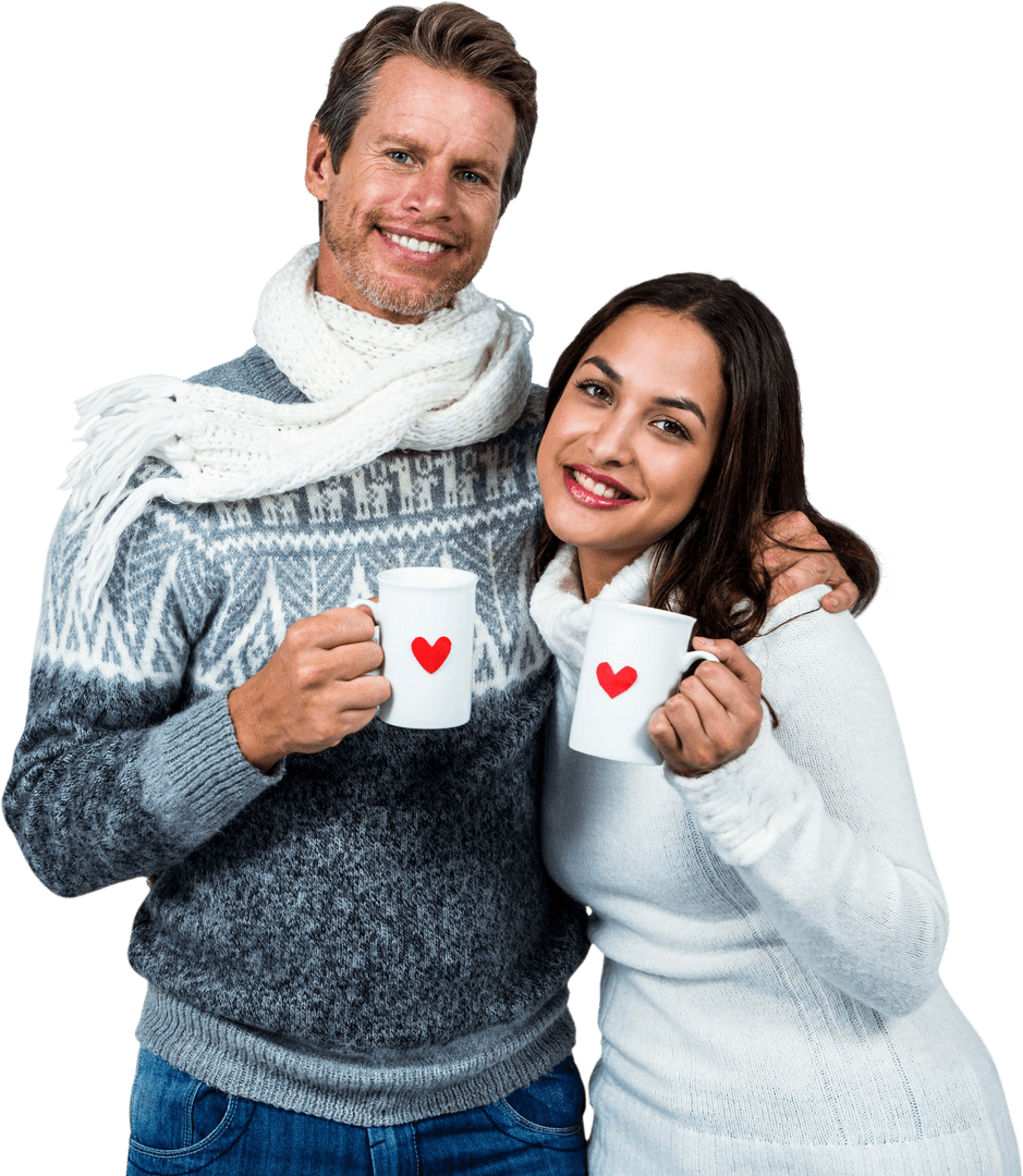 Transparent Festive Couple Smiling While Holding Mugs with Hearts