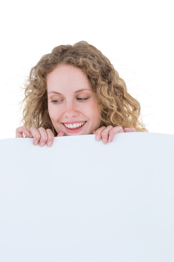 Woman Smiling Behind Transparent Poster with Curly Hair