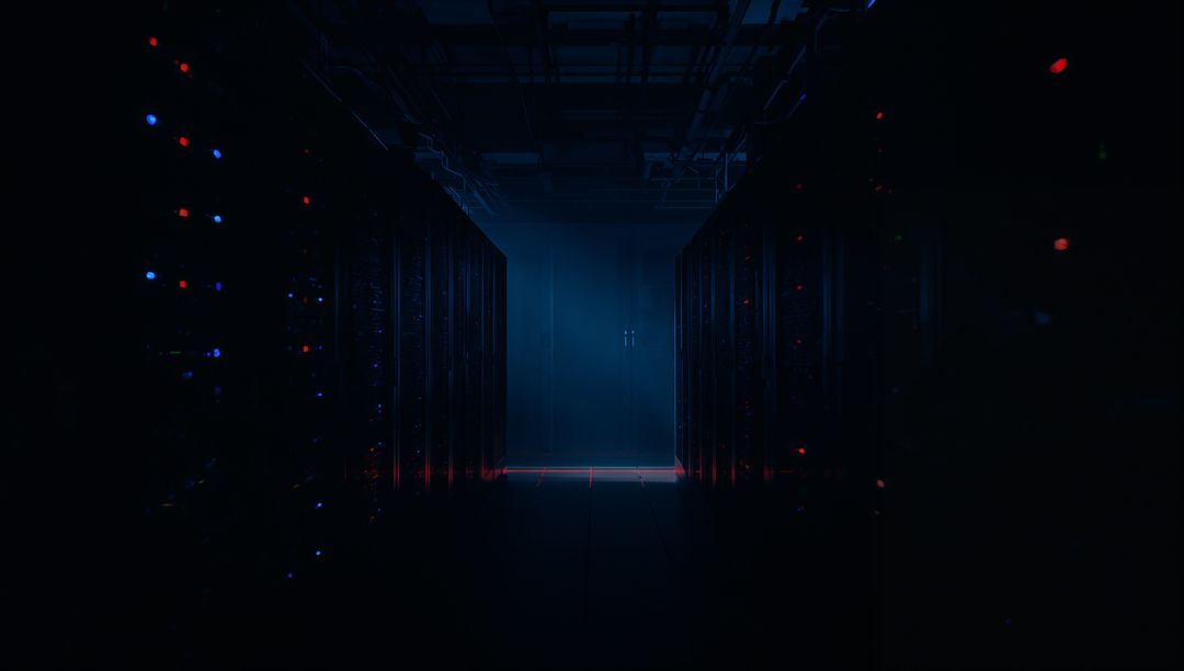 Futuristic Data Center Corridor with Glowing LED Lights