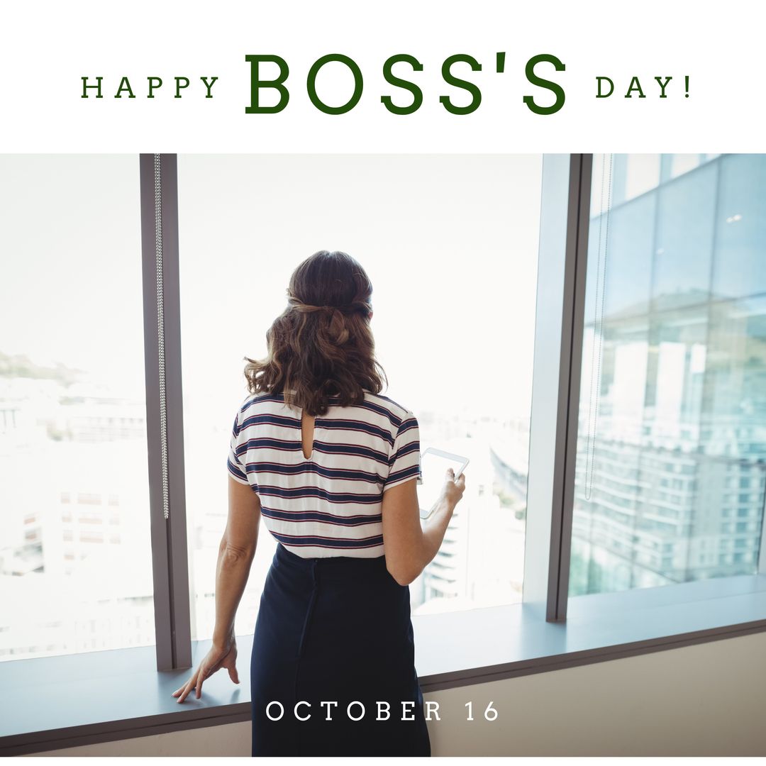 Happy Boss's Day October 16 with Businesswoman Looking Out Office Window - Download Free Stock Templates Pikwizard.com