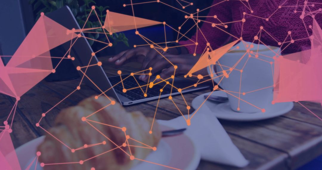 Businesswoman Working in Café with Technology and Data Graphics Overlay