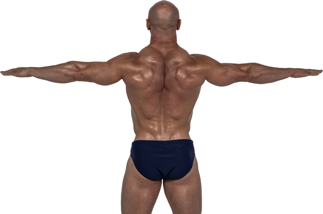 Transparent Rear View of Muscular Bald Man Exercising