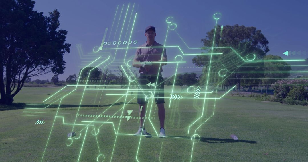 Golfer on Course with Digital Overlay Representing Technology and Innovation