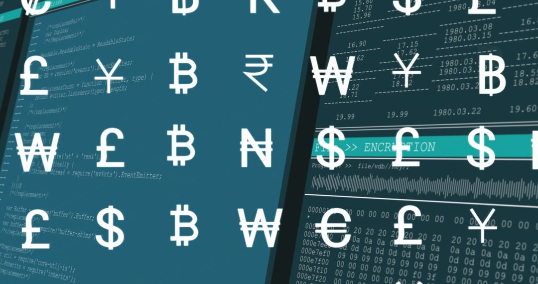 Digital Currency Symbols Over Data Processing Background