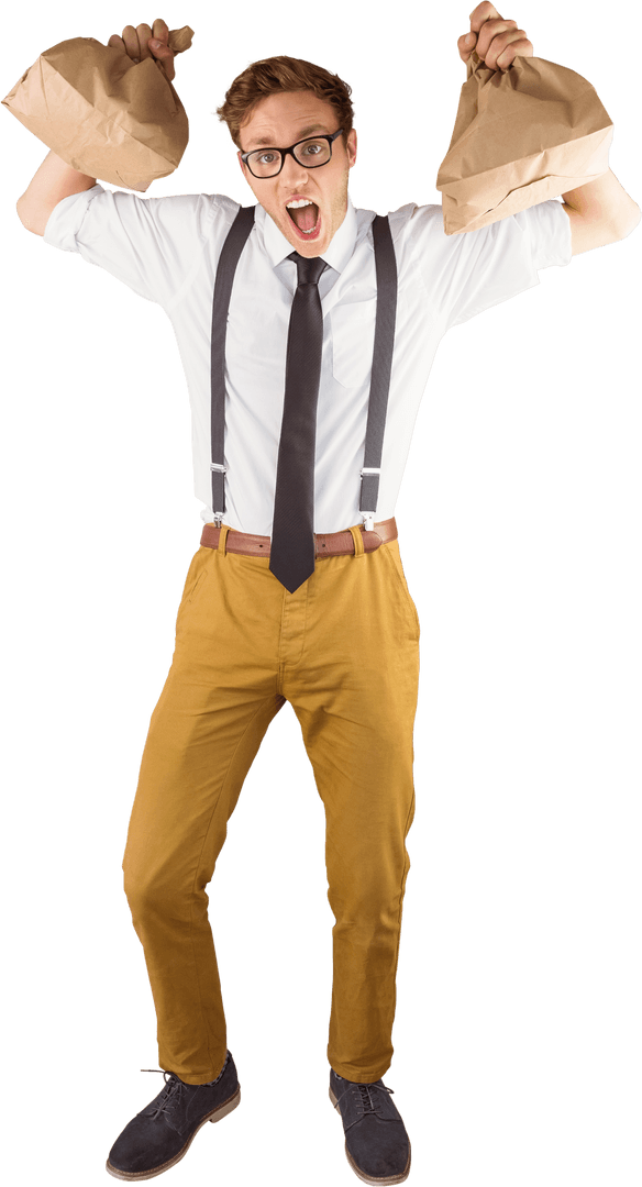 Transparent Geeky Businessman Enthusiastically Holding Paper Bags