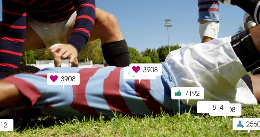 Rugby player scoring try on grass, social media likes and hearts overlaying action