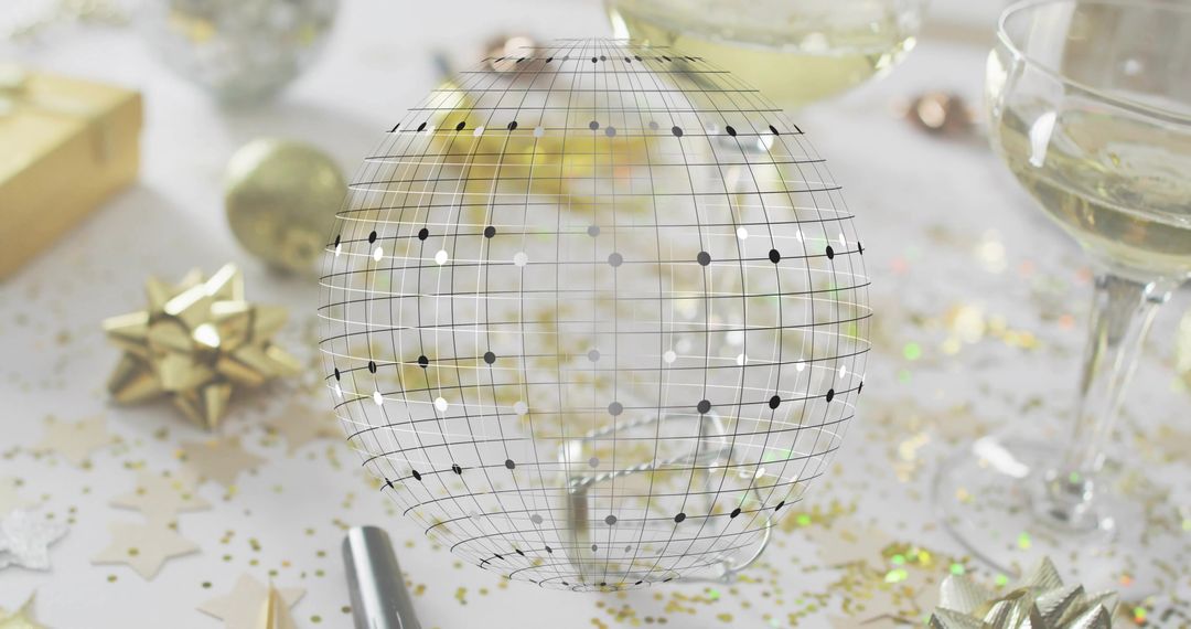 Translucent Wireframe Globe Hovering Over Festive Champagne Table with Gold Confetti
