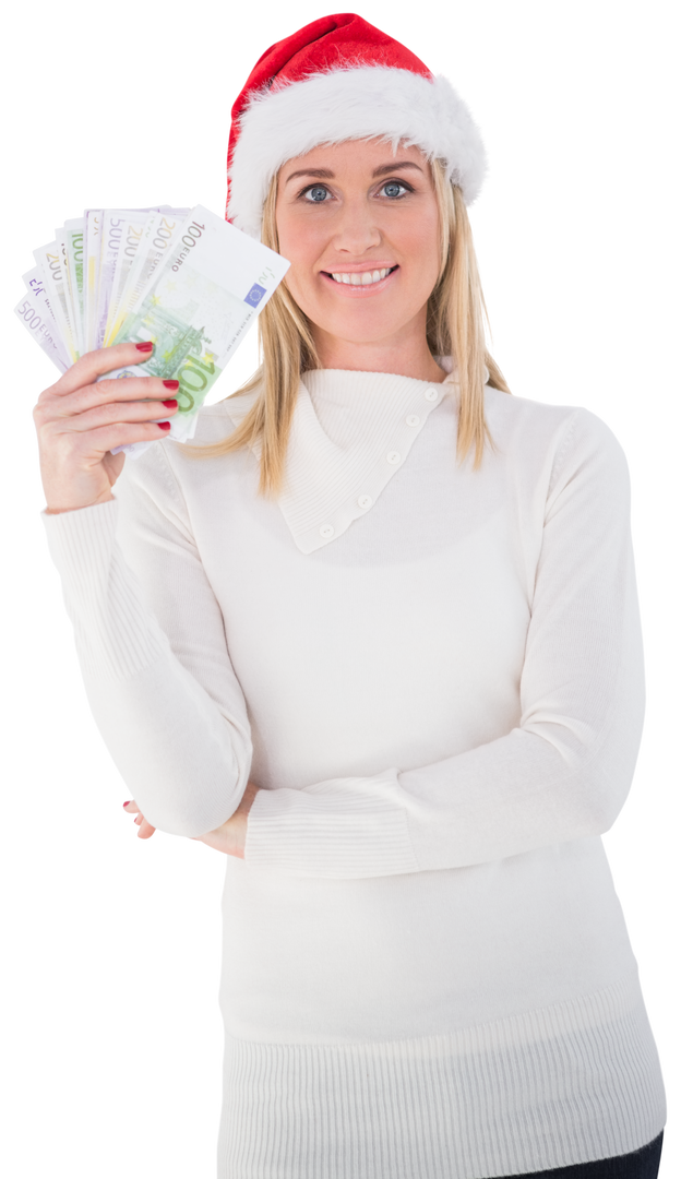 Smiling Woman Santa Hat Holding Euro Banknotes Christmas Finances Transparent Background - Download Free Stock Images Pikwizard.com