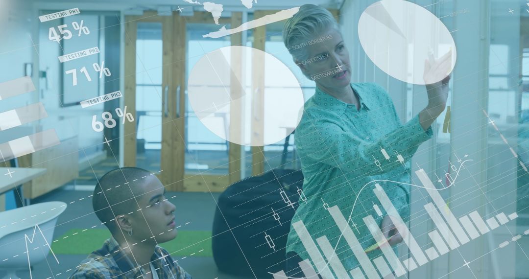 Diverse Team Collaborating in Modern Office with Virtual Data Overlay