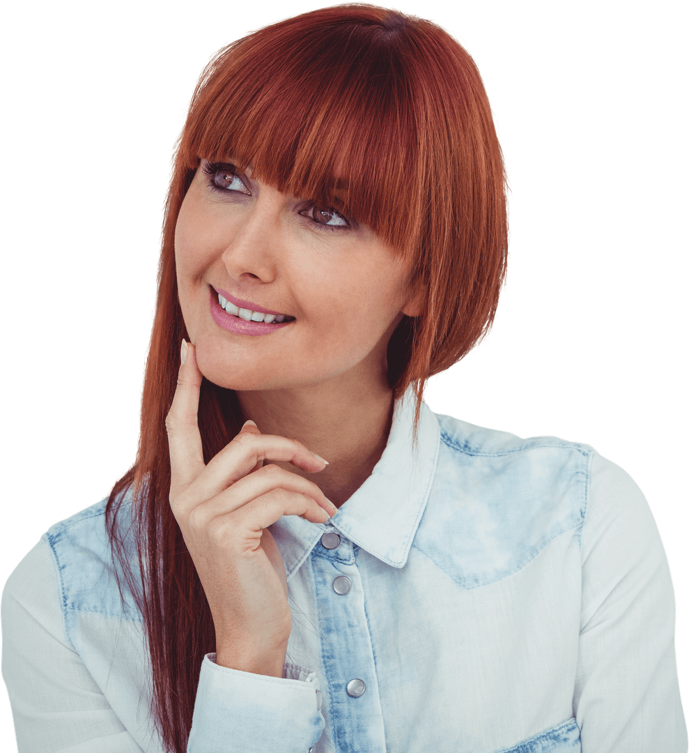 Daydreaming Happy Red-Haired Woman in Meditative Pose on Transparent Background
