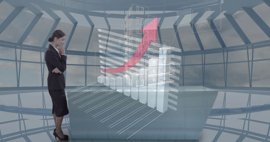 Businesswoman Analyzing 3D Growth Chart in Futuristic Control Deck