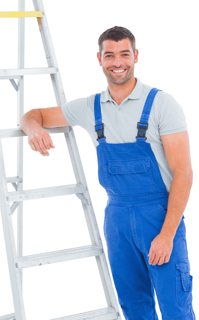 Smiling Worker in Blue Overalls with Ladder on Transparent Background