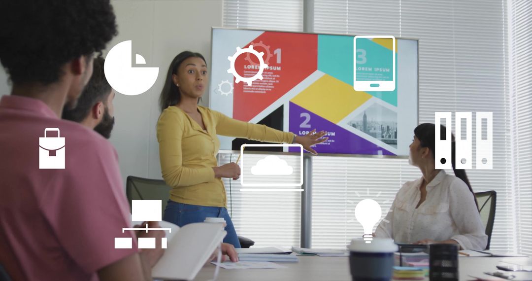 Diverse Team Engaged in Innovative Presentation with Digital Icons