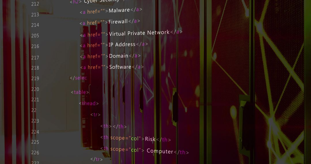 Neon-lit server racks with code overlay in dim data center aisle