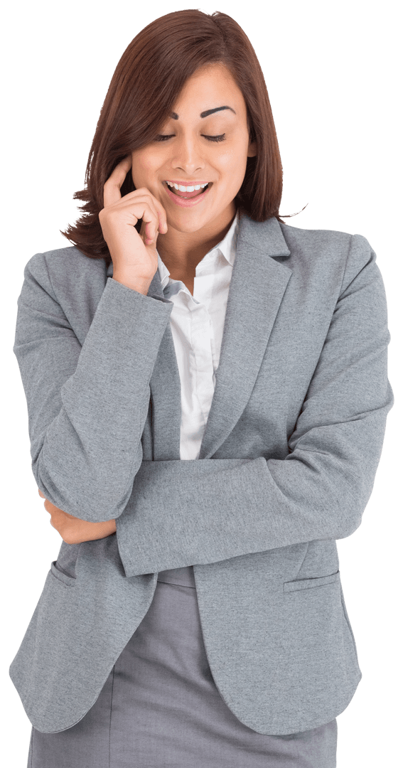 Caucasian Businesswoman Thinking Smiling on Transparent Background