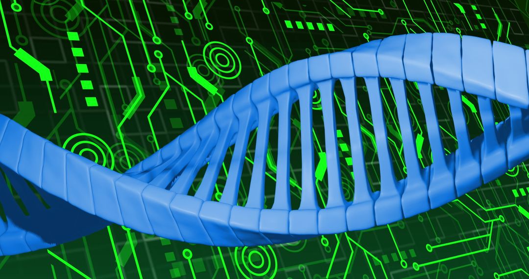 DNA Strand over Digital Network Interface Depicting Genetic Technology