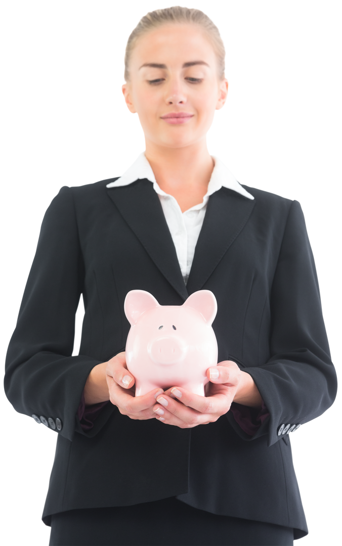 Transparent Businesswoman Holding Pink Piggy Bank Creating Savings Power - Download Free Stock Images Pikwizard.com