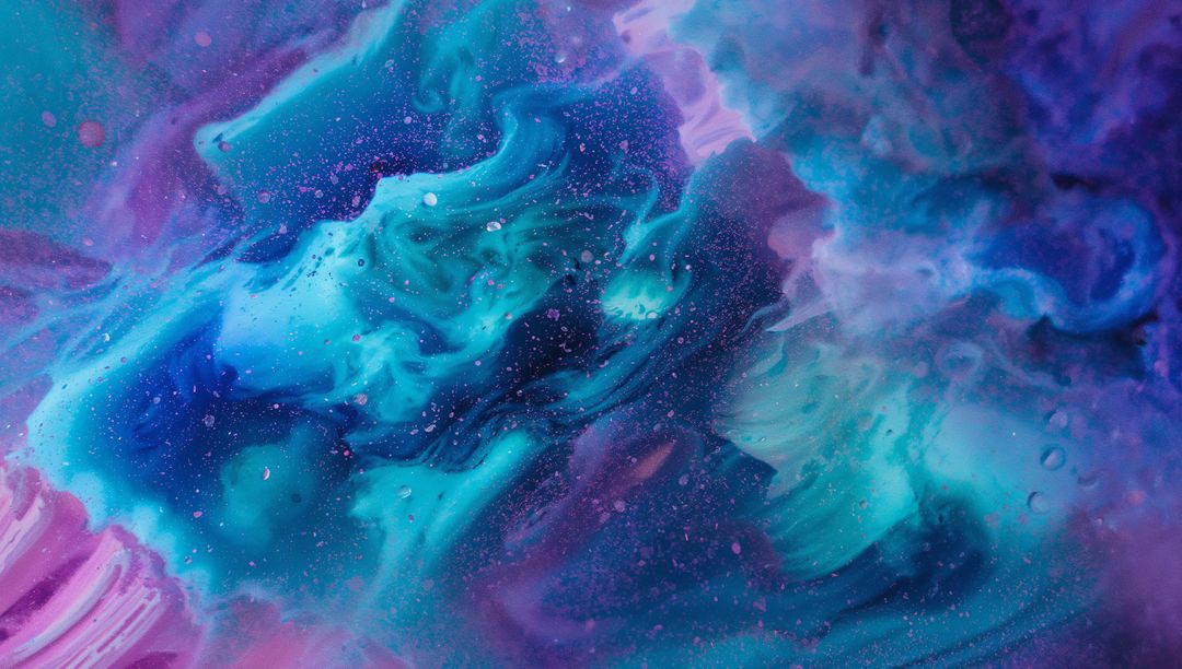Swirling Teal and Cyan Pigment Plumes Creating Iridescent Abstract Nebula with Microbubbles
