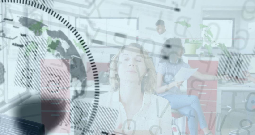 Professionals Working in Office with Digital Data Overlay