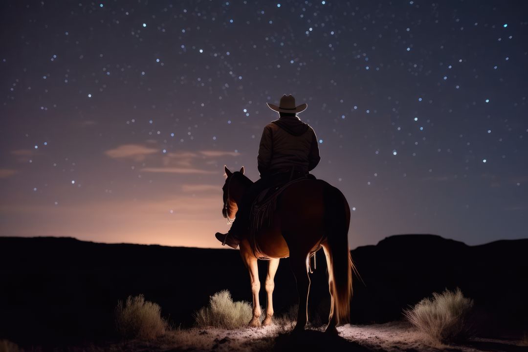 Cowboy on horse star gazing at night sky, created using generative ai technology - Free Images, Stock Photos and Pictures on Pikwizard.com
