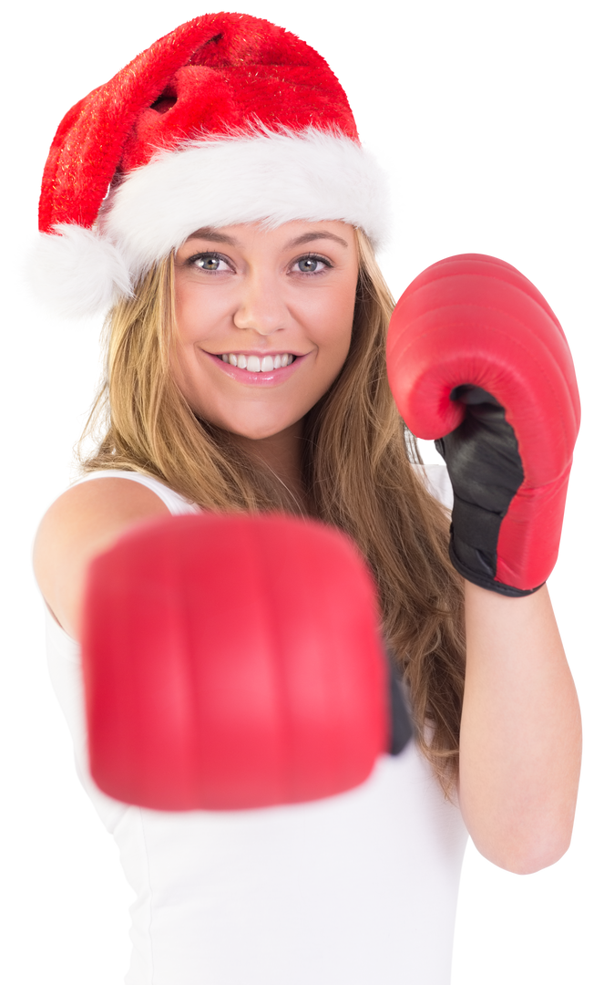 Caucasian Woman With Boxing Gloves And Christmas Hat On Transparent Background - Download Free Stock Images Pikwizard.com