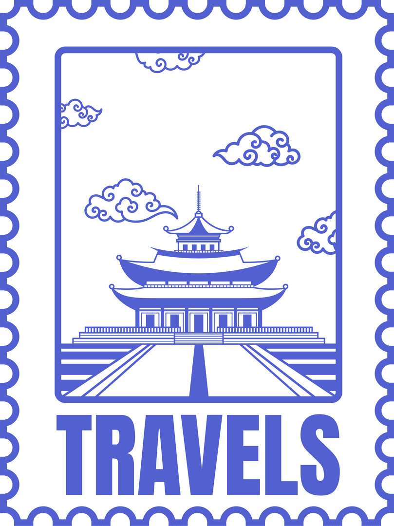 Blue Pagoda Travel Stamp Design with Transparent Background