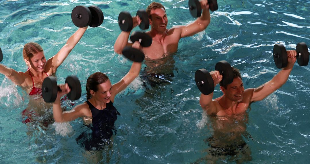 Group Water Aerobics Class with Dumbbells in Swimming Pool - Free Images, Stock Photos and Pictures on Pikwizard.com