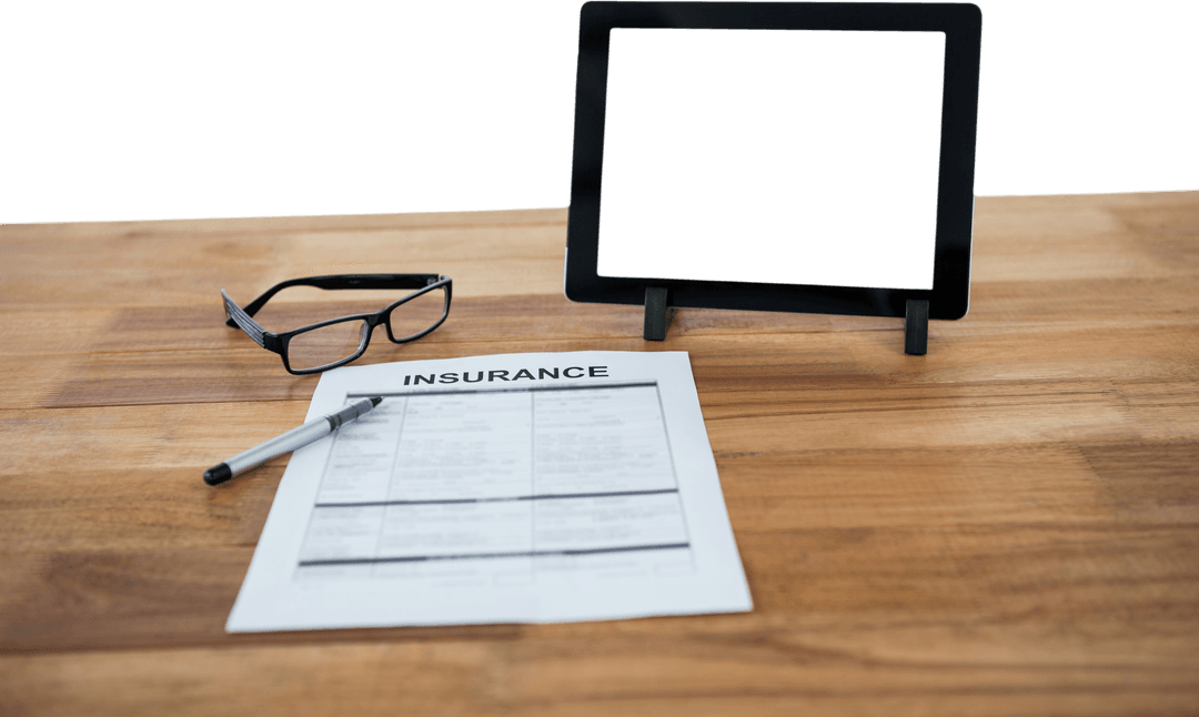 Transparent Tablet Display with Insurance Form and Glasses on Table