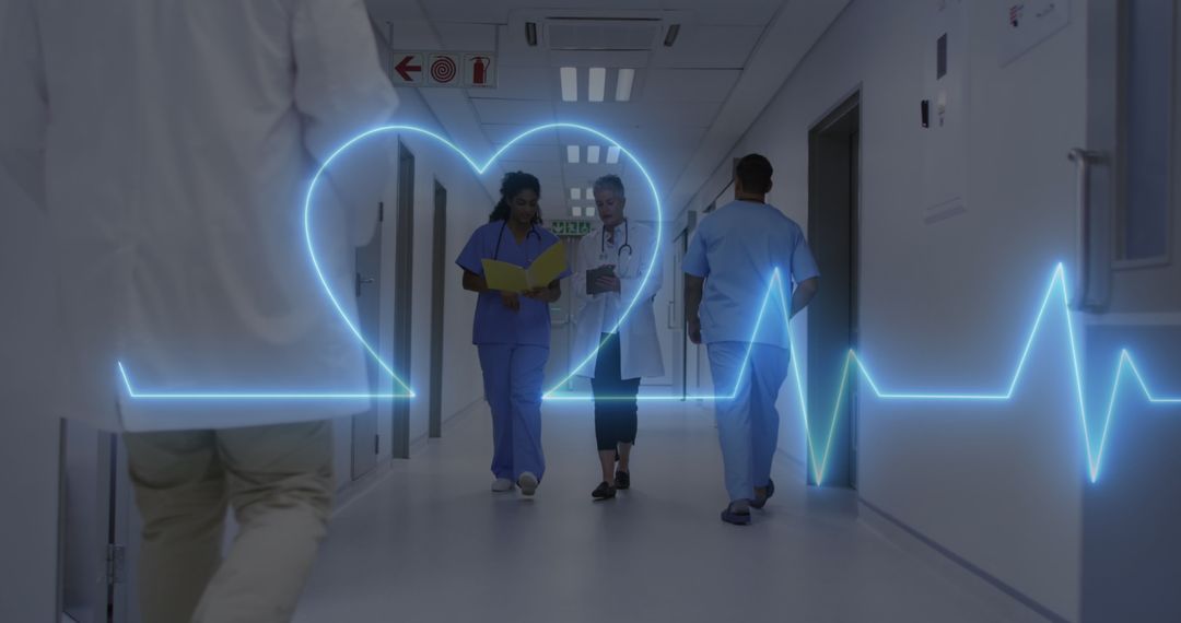 Healthcare Professionals Walking Through High-Tech Hospital Corridor