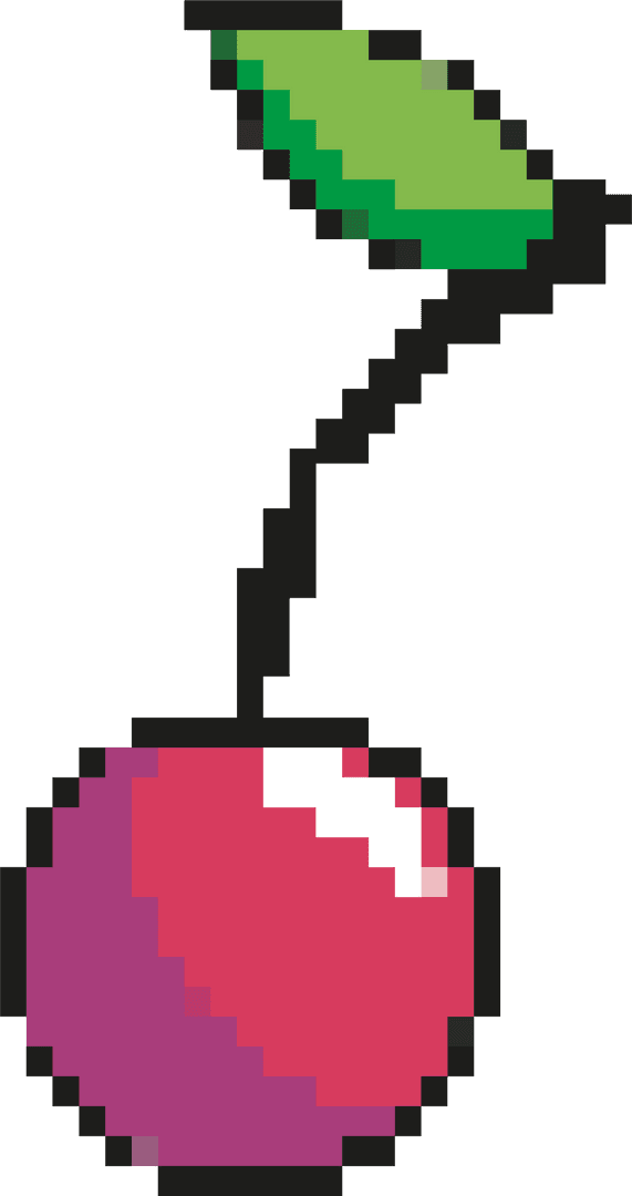 Vintage Pixel Art Red Cherry with Black Stem on Transparent Background