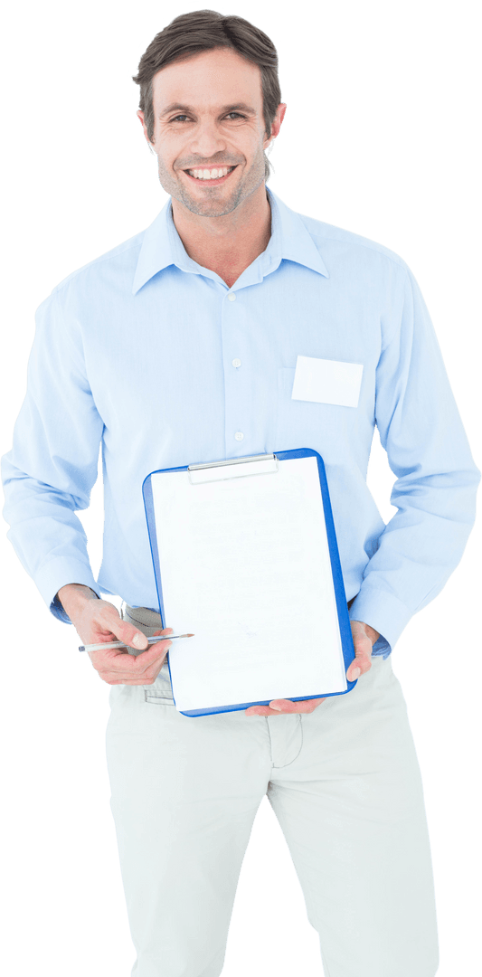 Smiling Businessman Holding Blank Transparent Clipboard
