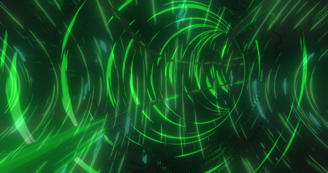 Futuristic Green Digital Tunnel with Glowing Light Trails